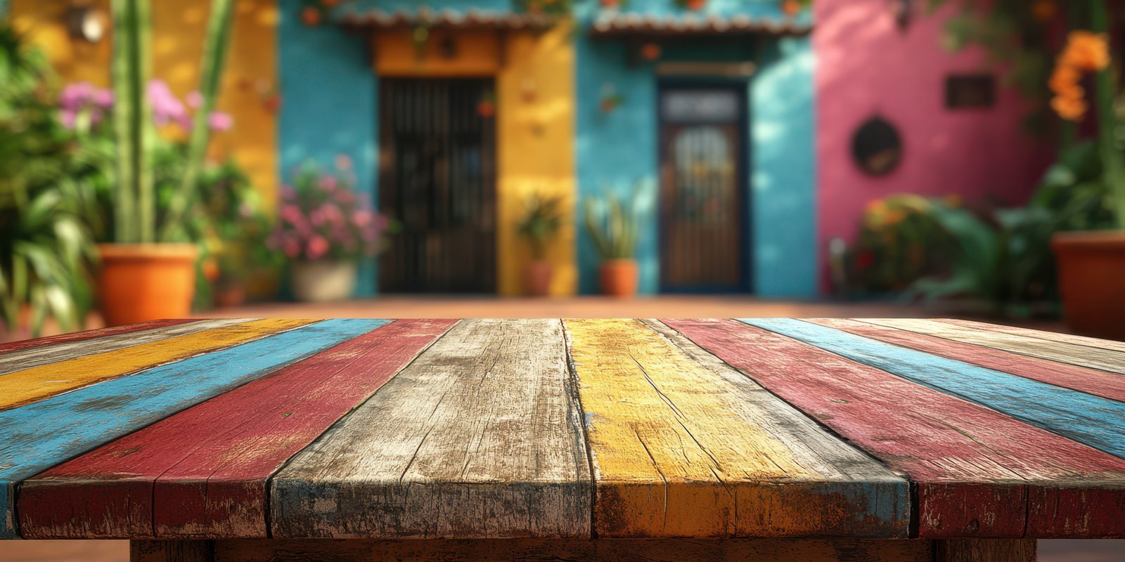 Colorful garden courtyard with vibrant painted walls and rustic wooden table showcasing a lively atmosphere and tropical plants